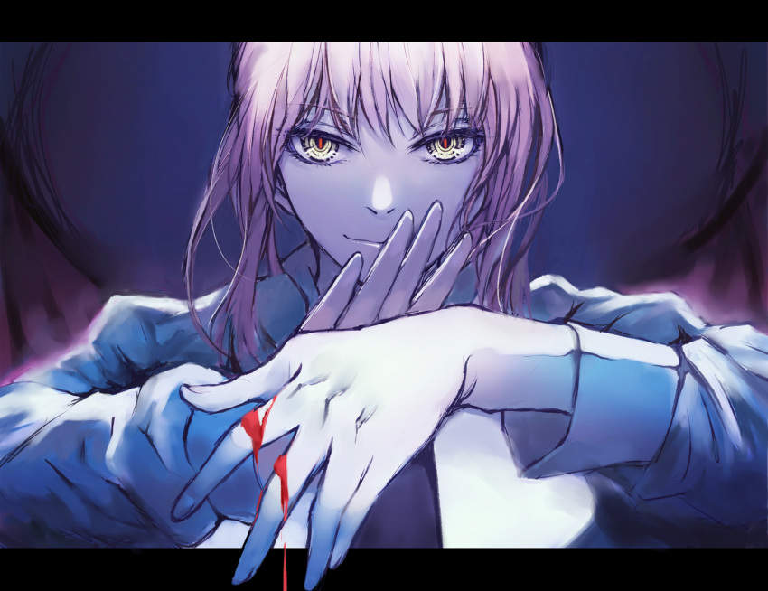 1girl bangs black_neckwear blood bloody_hands braid braided_ponytail breasts business_suit chainsaw_man collared_shirt eyebrows eyebrows_visible_through_hair formal highres long_sleeves looking_at_viewer makima_(chainsaw_man) medium_breasts medium_hair necktie neckwear onlly ringed_eyes shirt simple_background smile solo suit yellow_eyes