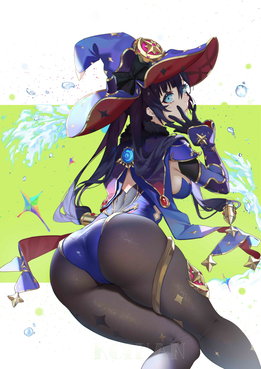 1girl absurdres ass black_legwear blue_eyes breasts genshin_impact gloves hair_ornament hand_up hat highres koi_han leotard long_hair looking_at_viewer medium_breasts mona_(genshin_impact) pantyhose purple_hair ribbon skindentation solo thighlet twintails water witch_hat