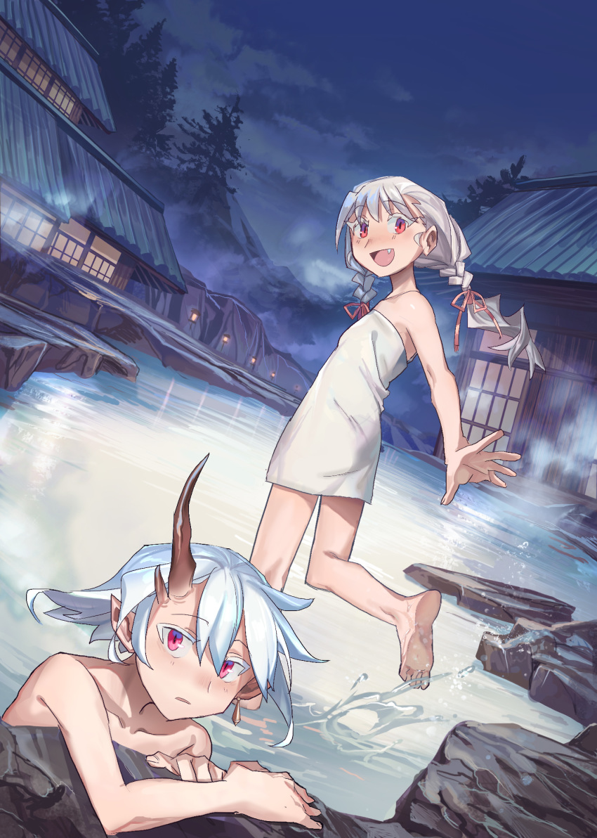 2girls :d architecture barefoot braid building clouds collarbone colored_eyelashes dutch_angle earrings east_asian_architecture error eyebrows_visible_through_hair eyelashes fang from_behind grey_hair highres horns jewelry lantern long_hair looking_at_viewer looking_back multiple_girls naked_towel night oni oni_horns onsen open_hand open_mouth original outdoors outstretched_hand pointy_ears red_eyes rock shichigatsu short_hair silver_hair single_earring sky slit_pupils smile soles splashing standing standing_on_one_leg steam toes towel tree twin_braids twintails wading water white_hair wrong_feet