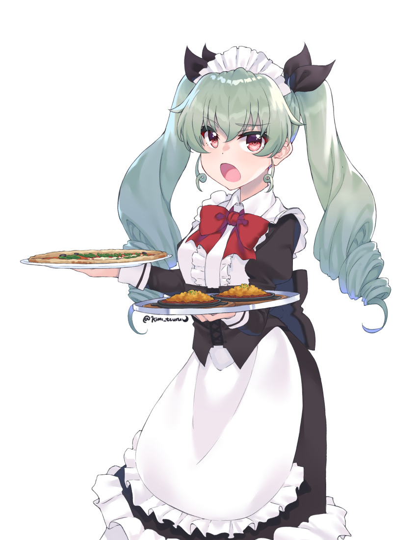 1girl alternate_costume anchovy_(girls_und_panzer) apron bangs black_dress black_ribbon bow bowtie collared_dress commentary dress drill_hair enmaided eyebrows_visible_through_hair food frilled_dress frills frown girls_und_panzer green_hair hair_ribbon highres holding holding_tray juliet_sleeves kimi_tsuru long_hair long_sleeves looking_at_viewer maid maid_apron maid_headdress medium_dress open_mouth pizza puffy_sleeves red_eyes red_neckwear ribbon simple_background standing tray twin_drills twintails twitter_username waitress white_apron white_background