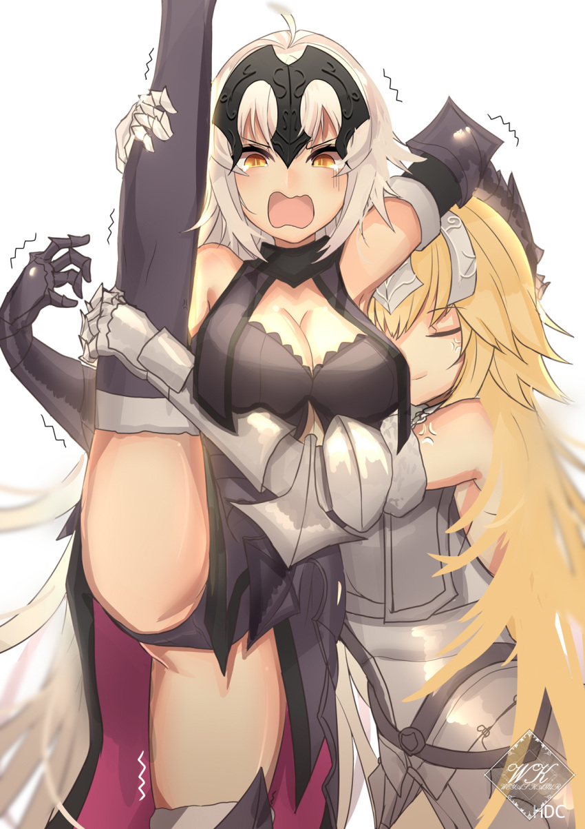 2girls armor armored_dress bangs bikuwa blonde_hair blush breasts closed_eyes elbow_gloves fate/apocrypha fate/grand_order fate_(series) faulds gloves headpiece highres hug jeanne_d'arc_(alter)_(fate) jeanne_d'arc_(fate) jeanne_d'arc_(fate)_(all) large_breasts leg_lift leg_up long_hair looking_at_viewer multiple_girls open_mouth plackart silver_hair smile split standing standing_on_one_leg standing_split thigh-highs very_long_hair yellow_eyes
