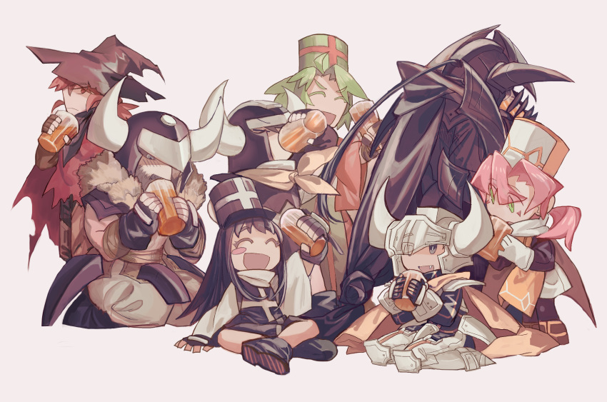 3girls 5boys :d ^_^ armor beard beer_mug black_armor black_cape black_hair blue_eyes blush_stickers cape chibi closed_eyes cup drinking facial_hair faulds gloves green_eyes green_hair hat helmet highres horned_helmet indian_style long_hair mug multiple_boys multiple_girls open_mouth pauldrons pink_hair ponytail priest priestess red_cape redhead seiza shichigatsu short_hair shoulder_armor simple_background sitting smile standing v_yuusha_no_kuse_ni_namaiki_da_r white_background witch_hat yellow_cape yuusha_no_kuse_ni_namaiki_da