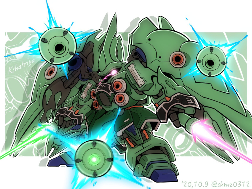 artist_name beam_saber character_name chibi dated dual_wielding glowing glowing_eye gundam gundam_unicorn holding holding_sword holding_weapon kshatriya mecha no_humans one-eyed pink_eyes shokkaa_(shmz61312) solo sword weapon