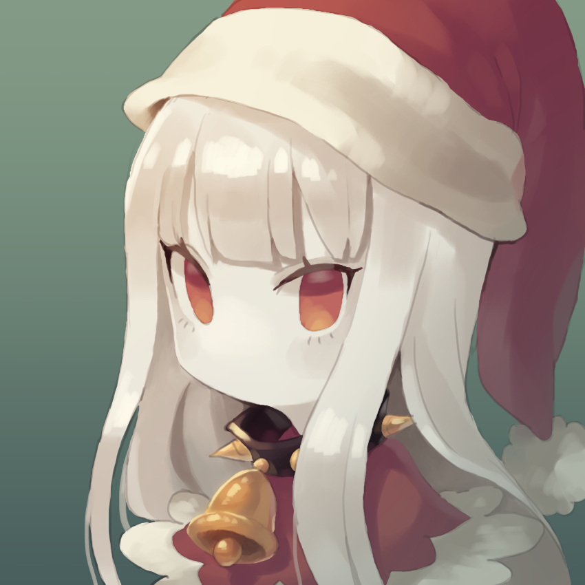 1girl absurdres bell collar cow_bell eye_(okame_nin) from_side green_background hat highres long_hair looking_at_viewer looking_to_the_side neck_bell no_mouth okame_nin original red_eyes red_headwear santa_costume santa_hat simple_background solo spiked_collar spikes upper_body white_hair