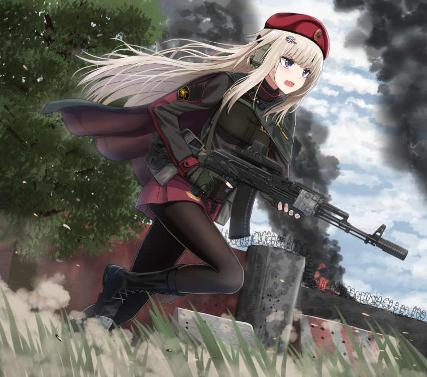 1girl absurdres ak-74m ak-74m_(girls_frontline)_(rabochicken) assault_rifle barrette beret black_footwear black_jacket black_legwear blonde_hair blue_eyes boots breasts camouflage_gloves cloak eyebrows_visible_through_hair girls_frontline gloves gun hair_ornament hat headphones highres holding holding_weapon jacket long_hair looking_away open_mouth original pantyhose red_skirt rifle running skirt snowflake_hair_ornament solo uniform weapon yakob_labo