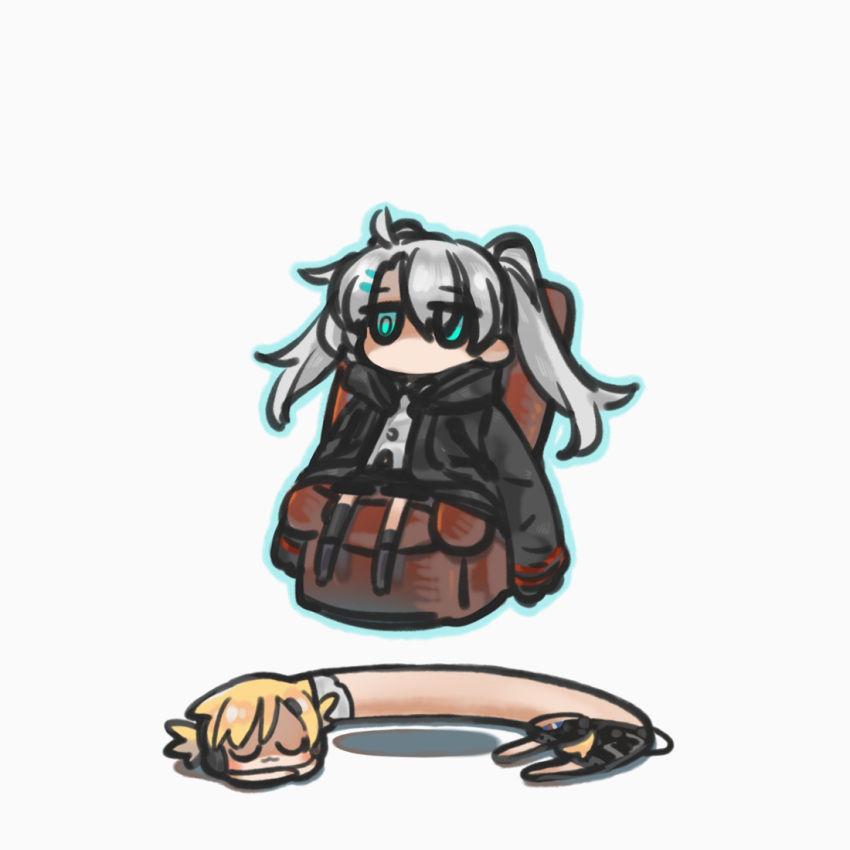 2girls :3 ahoge animal_ears aqua_eyes black_footwear black_jacket blonde_hair cat_ears cat_tail chair chibi chinese_commentary closed_eyes closed_mouth commentary_request full_body girls_frontline hair_over_one_eye headset idw_(girls'_frontline) jacket jitome long_hair long_sleeves longcat_(meme) lwmmg_(girls'_frontline) lying meme multiple_girls no_mouth on_floor simple_background sitting sleeves_past_fingers sleeves_past_wrists su_xiao_jei tail twintails uwu white_background