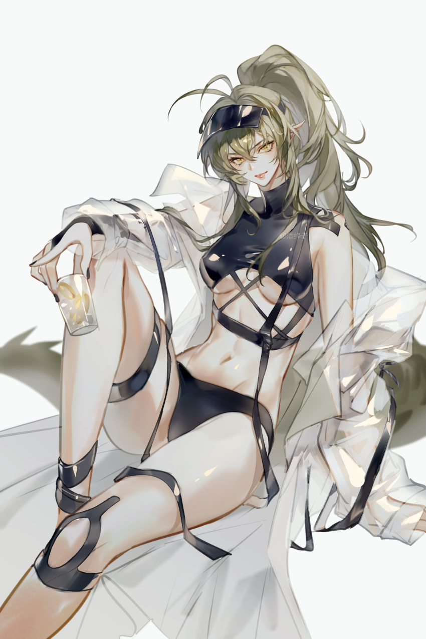 1girl absurdres alternate_hairstyle antenna_hair arknights bangs bare_shoulders black_nails breasts chinese_commentary coat commentary_request cup drinking_glass feet_out_of_frame gavial_(arknights) green_hair grey_background hair_between_eyes highres holding holding_cup jiujiangzi_benren knee_up long_hair long_sleeves looking_at_viewer medium_breasts nail_polish navel off_shoulder open_clothes open_coat pointy_ears ponytail simple_background sitting solo stomach tail thigh_strap thighs visor_cap white_coat yellow_eyes