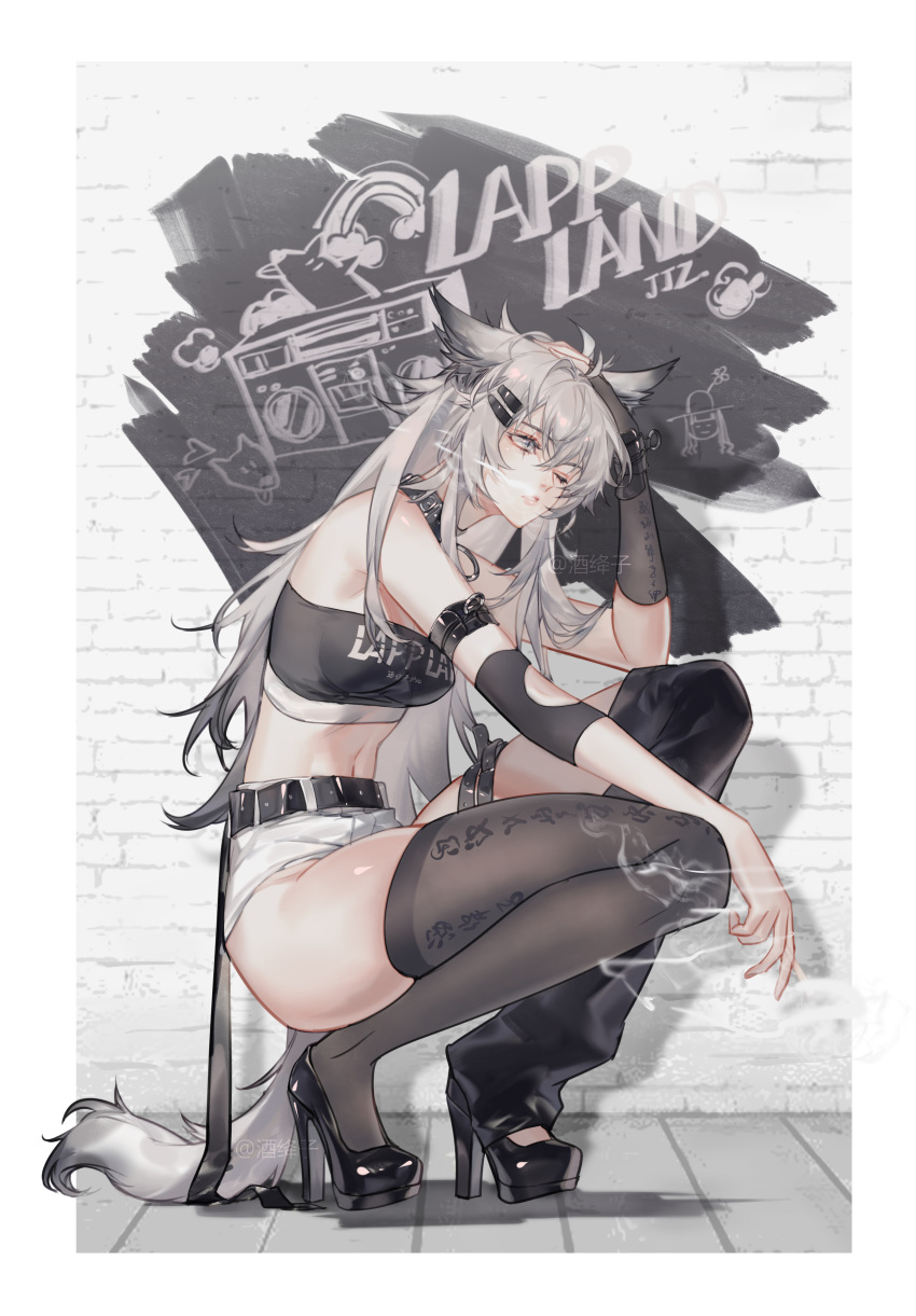 1girl absurdres alternate_costume animal_ears arknights armband bandeau bangs bare_shoulders belt black_belt black_choker black_footwear black_legwear breasts character_name chinese_commentary choker clothes_writing commentary_request drop_shadow graffiti grey_eyes hair_ornament hairclip high_heels highres jiujiangzi_benren lappland_(arknights) long_hair medium_breasts midriff navel one_eye_closed parted_lips silver_hair solo squatting stomach strapless tail thigh-highs thighs tubetop very_long_hair wolf_ears wolf_tail