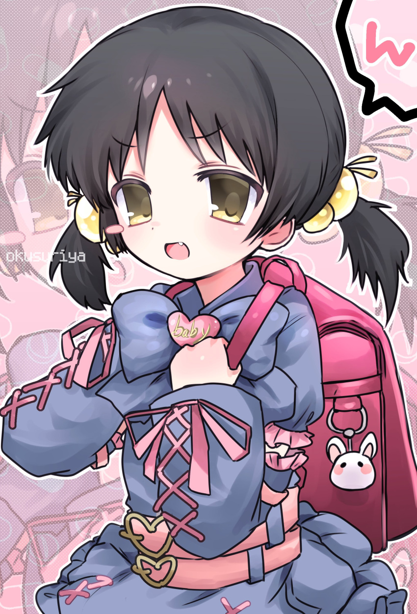 1girl absurdres backpack bag bag_charm belt black_hair blush blush_stickers bow buckle charm_(object) dress fang hair_bobbles hair_ornament heart heart-shaped_buckle highres holding_strap kaai_yuki long_sleeves looking_at_viewer low_twintails open_mouth pokopokotarou1 randoseru ribbon short_hair solo twintails vocaloid yellow_eyes