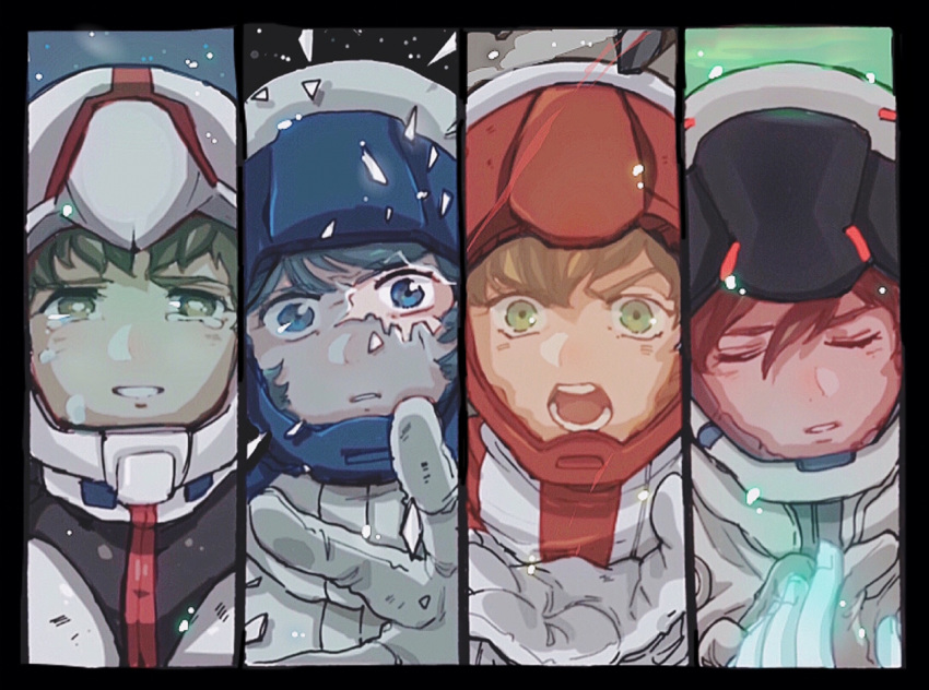 4boys amuro_ray banagher_links blue_eyes blue_hair broken_helmet brown_eyes brown_hair closed_eyes green_eyes gundam gundam_unicorn gundam_zz helmet highres judau_ashta kamille_bidan male_focus mobile_suit_gundam multiple_boys pilot_suit short_hair space_helmet spacesuit tears zeta_gundam