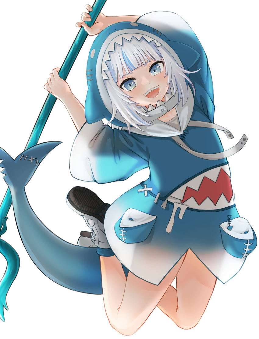 1girl :d absurdres animal_hood arms_up blue_eyes blue_hair commentary full_body gawr_gura highres holding hololive hood huge_filesize legs_up multicolored_hair open_mouth polearm shark_costume shark_hood shark_tail sharp_teeth shoes simple_background smile solo streaked_hair tail teeth tenjiku_nezumi trident virtual_youtuber weapon white_background white_footwear