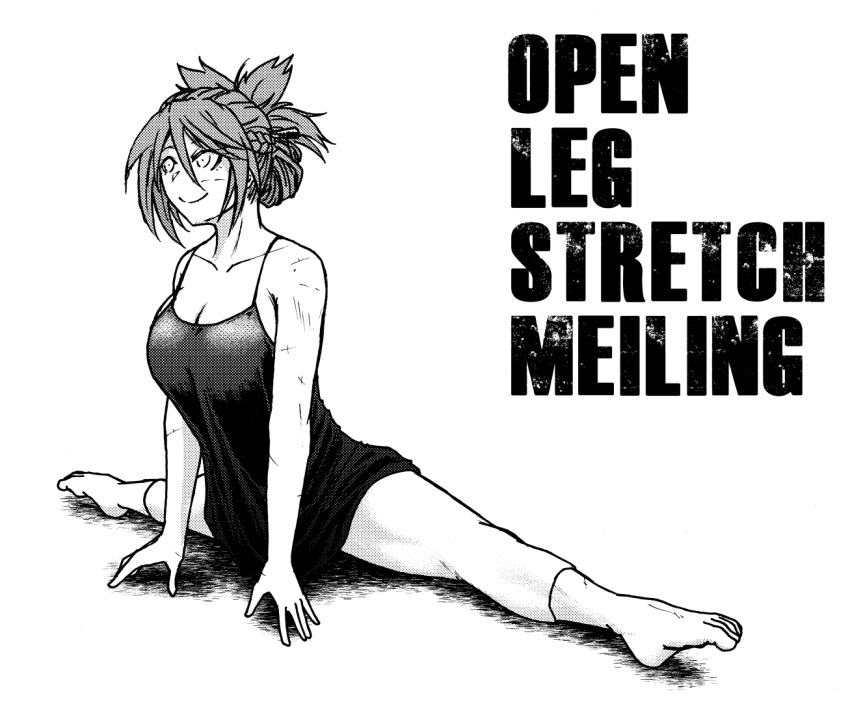 1girl barefoot collarbone folded_ponytail hong_meiling koyubi_(littlefinger1988) long_hair monochrome pants scar smile solo spaghetti_strap split touhou yoga_pants