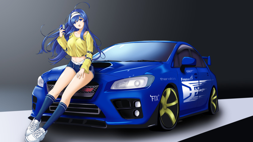 1girl ahoge bangs blue_legwear blue_shorts breasts can car chaesu checkered crop_top eyebrows_visible_through_hair full_body ground_vehicle hairband highres huge_ahoge kneehighs long_legs long_sleeves medium_breasts midriff motor_vehicle navel nike on_vehicle open_mouth orie_(under_night_in-birth) racequeen red_bull shoes short_shorts shorts sitting sneakers soda_can solo subaru_(brand) subaru_wrx under_night_in-birth white_footwear white_hairband