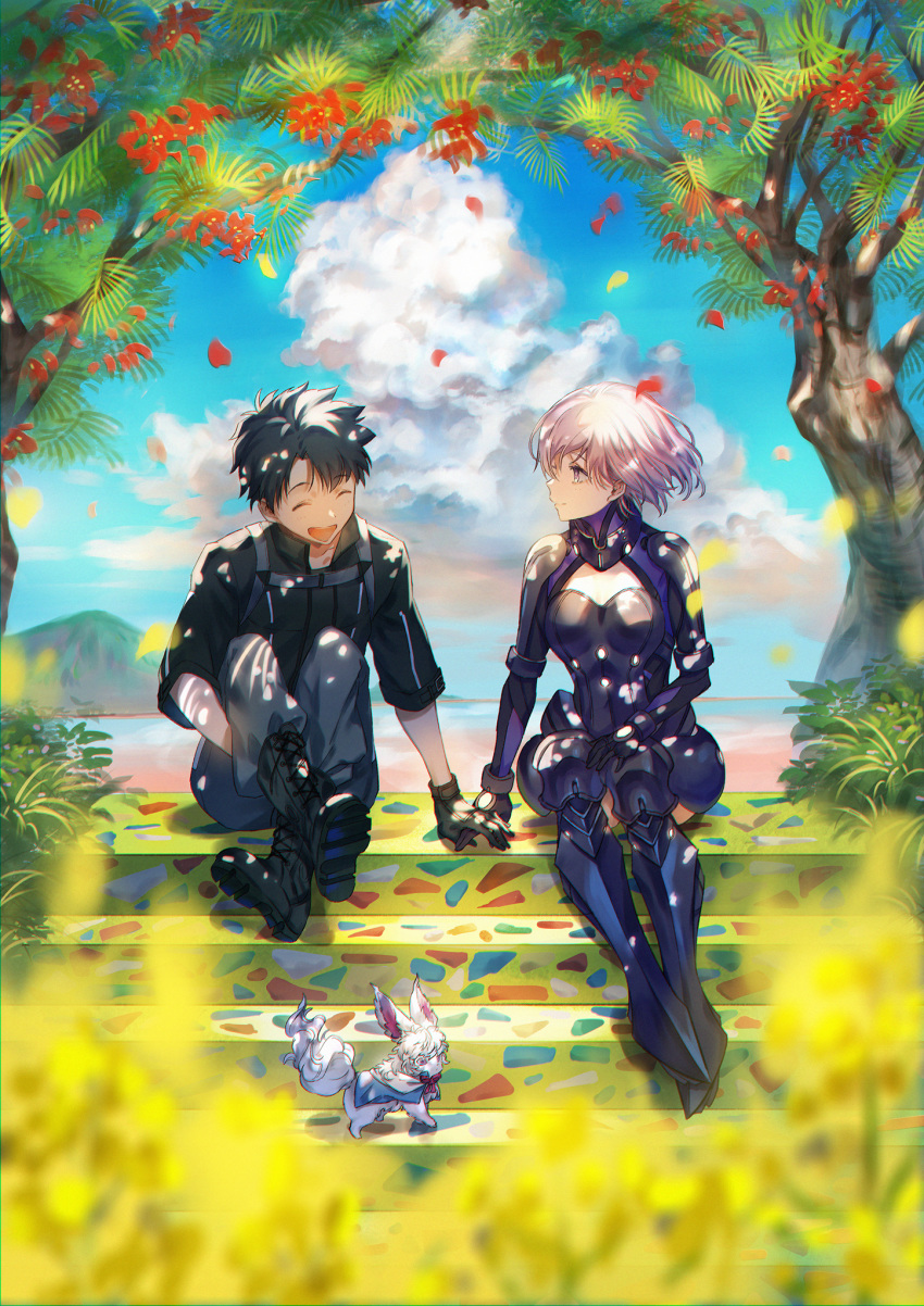 1boy 1girl black_gloves black_hair blurry_foreground boots clouds falling_petals fate/grand_order fate_(series) flower fou_(fate/grand_order) fujimaru_ritsuka_(male) gloves highres holding_hands mash_kyrielight ortenaus petals purple_hair sitting sitting_on_stairs smile stairs tamayai tree