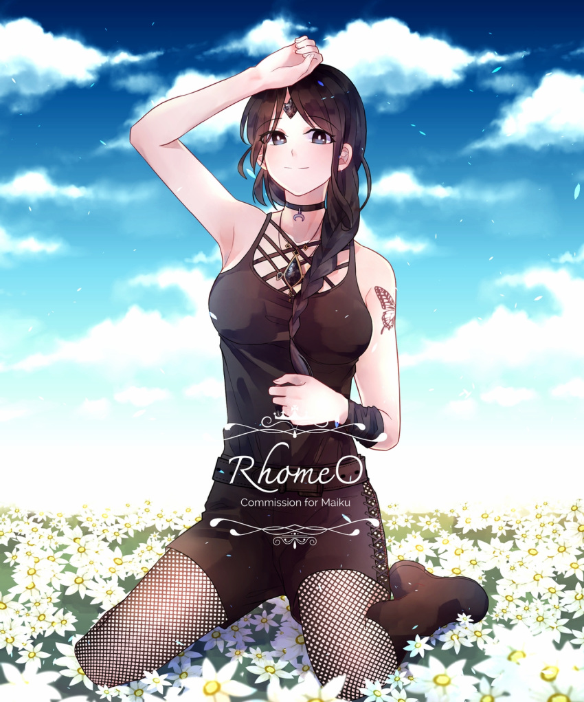 1girl black_eyes black_hair black_shorts black_tank_top braid braided_ponytail butterfly_tattoo closed_mouth clouds cloudy_sky fishnets flower gem highres jewelry kneeling looking_at_viewer necklace rhosavior shorts sky smile solo tank_top tate_no_yuusha_no_nariagari tattoo therese_alexanderite