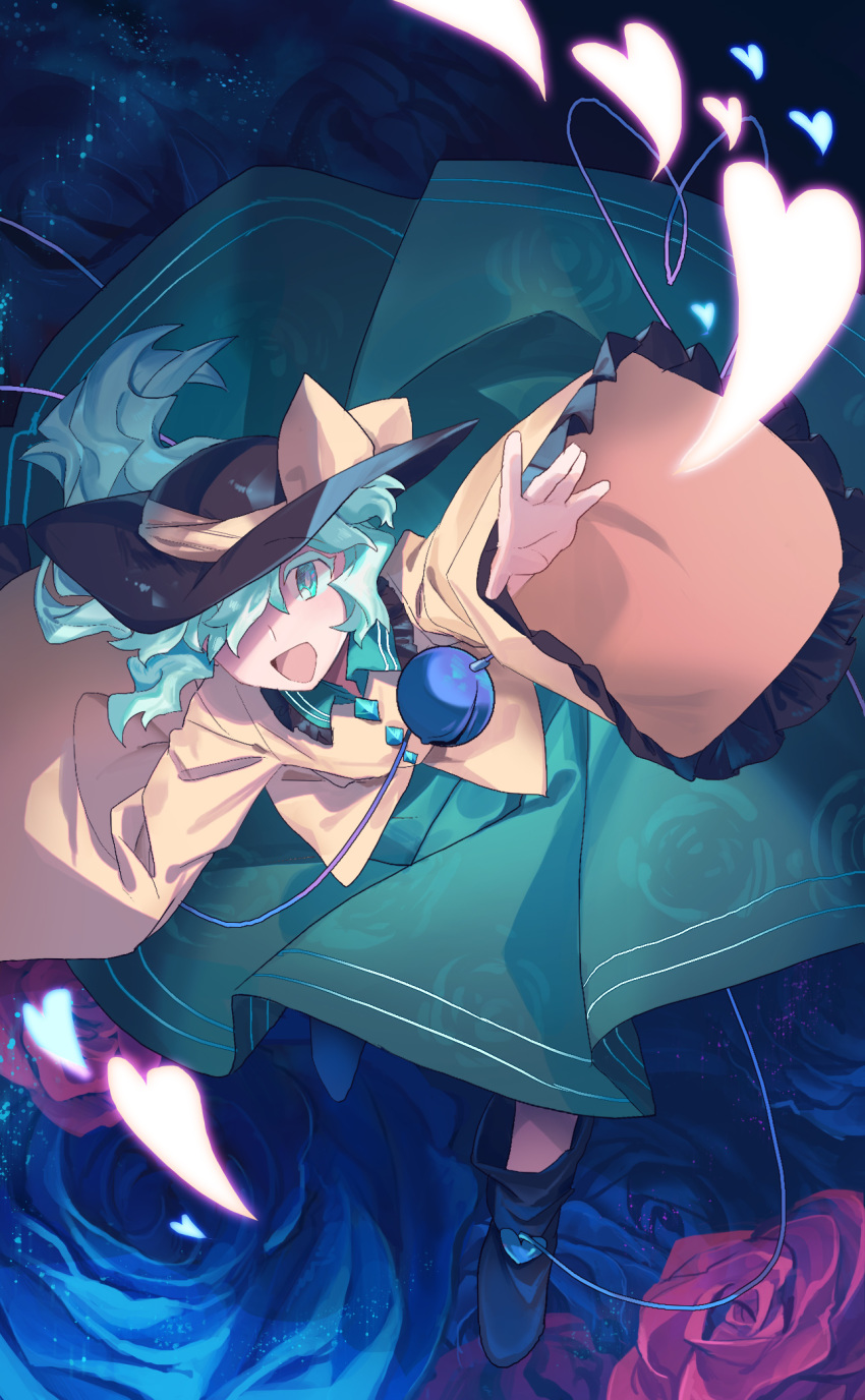 1girl :d ankle_boots black_footwear black_headwear blue_flower blue_rose boots colored_eyelashes eyeball flower frilled_sleeves frills green_eyes green_hair green_skirt hair_over_one_eye hat hat_ribbon heart heart_of_string highres komeiji_koishi long_sleeves looking_at_viewer open_mouth outstretched_arm outstretched_hand red_flower red_rose ribbon rose shichigatsu shirt skirt skirt_set smile solo third_eye touhou wide_sleeves yellow_ribbon yellow_shirt