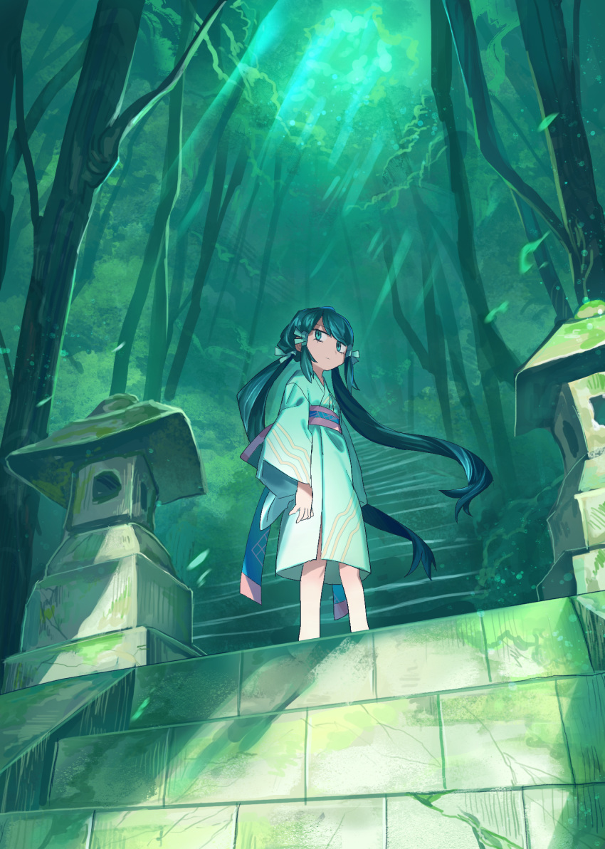 1girl blue_sash closed_mouth day expressionless forest from_below green_eyes green_hair green_kimono green_theme highres japanese_clothes kimono light_rays long_hair looking_at_viewer nature obi original outdoors sash shichigatsu sidelocks solo stairs standing stone_lantern stone_stairs sunbeam sunlight tree twintails very_long_hair yayoi_(shichigatsu)