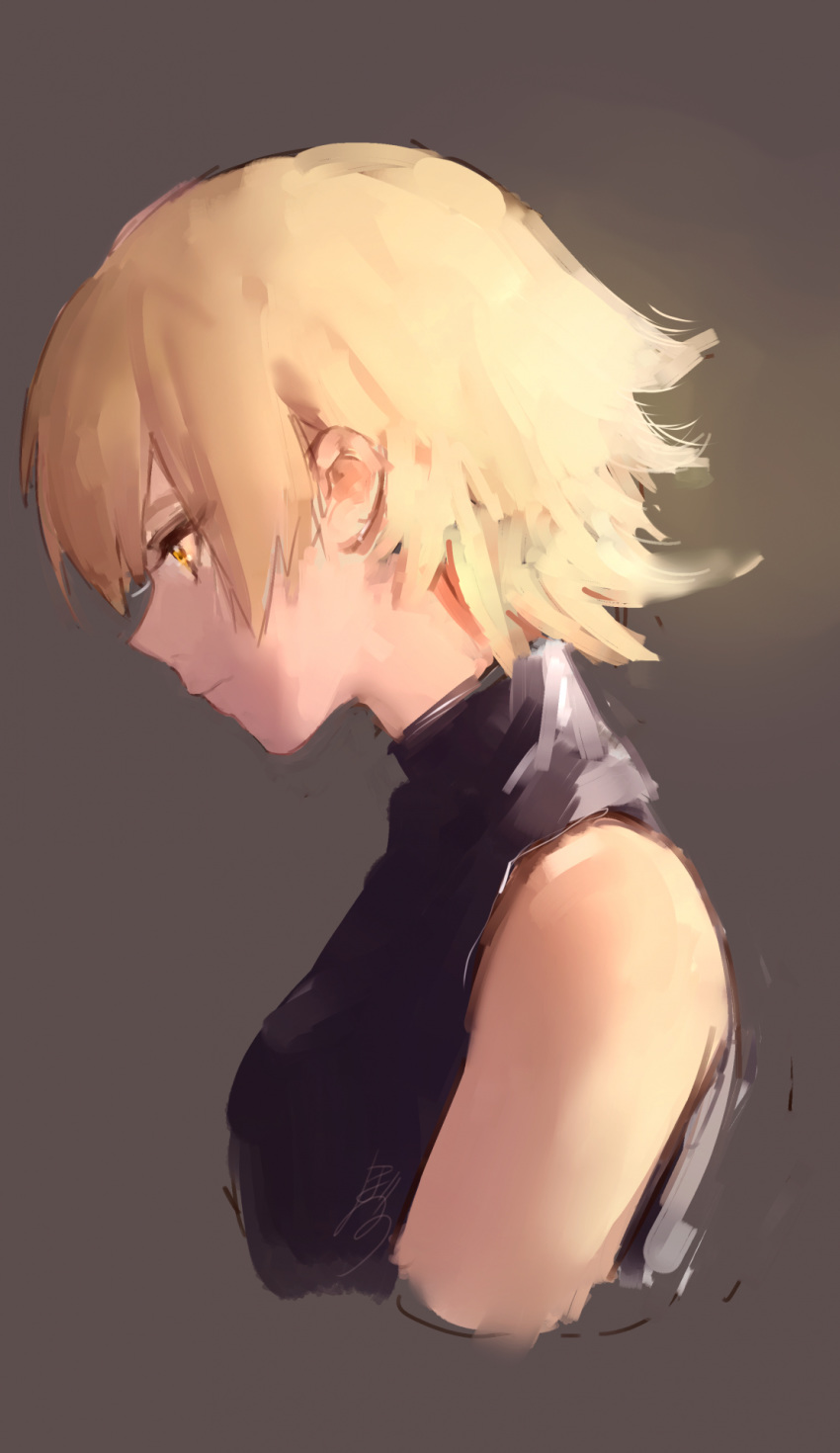 1girl bare_shoulders blonde_hair closed_mouth copyright_request cropped_torso from_side grey_background highres hoojiro looking_down orange_eyes profile short_hair signature simple_background sketch solo upper_body