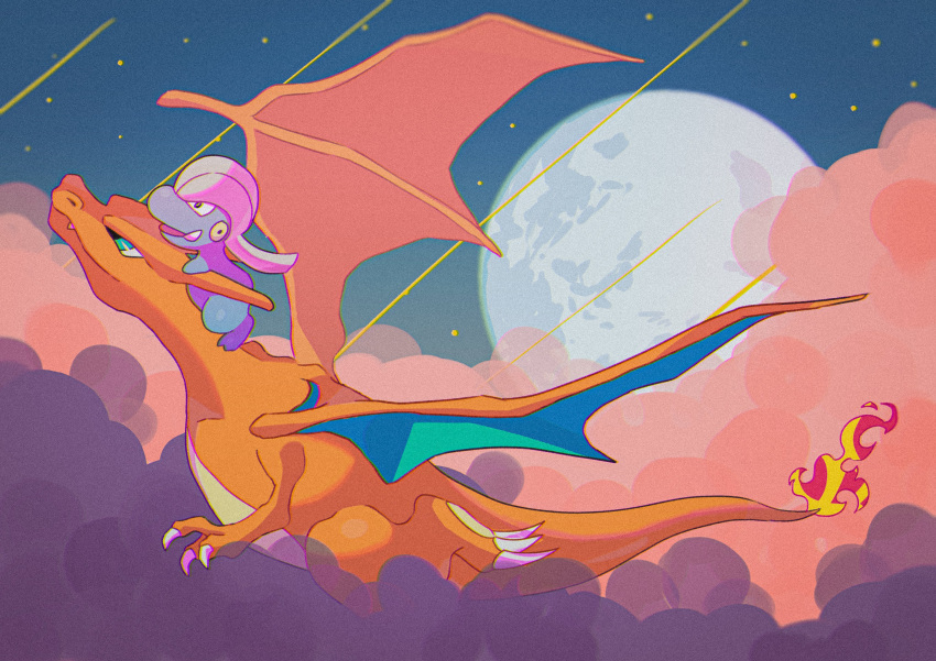 above_clouds absurdres bagon charizard claws closed_mouth clouds fang fire flame flying gen_1_pokemon gen_3_pokemon green_eyes highres moon night no_humans open_mouth outdoors pokemon pokemon_(creature) riding_pokemon saiku_(zvlku)