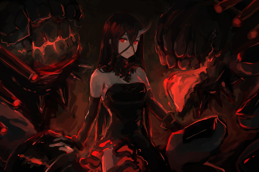 1girl absurdres abyssal_ship bangs bare_shoulders battleship_water_oni black_dress black_gloves black_hair breasts closed_mouth crossed_bangs cuffs dress elbow_gloves gloves highres horns kantai_collection long_hair moor pale_skin red_eyes single_horn solo strapless strapless_dress teeth tongue white_skin