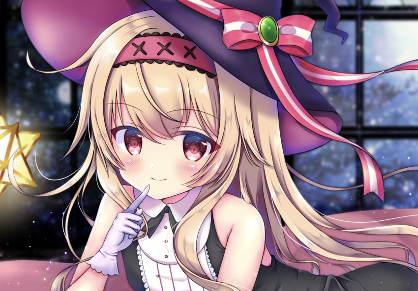 1girl bare_shoulders black_dress blonde_hair bow collared_dress dress finger_to_mouth gloves hairband hat hat_bow hat_ribbon highres long_hair lying miwa_uni on_stomach original red_eyes ribbon sidelocks sky sleeveless solo star_(sky) starry_sky white_gloves window witch_hat