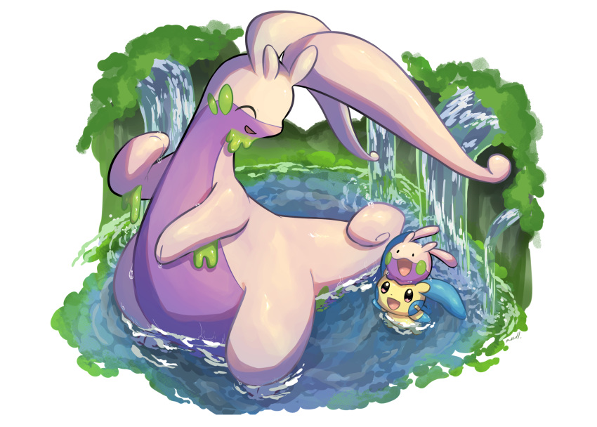 :d closed_eyes commentary_request gen_3_pokemon gen_6_pokemon goodra goomy highres looking_up minun no_humans nullma open_mouth pokemon pokemon_(creature) smile tongue wading water wet