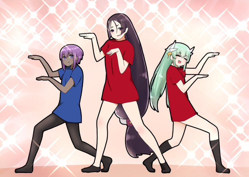 3girls :&gt; :d arm_up bangs black_hair black_legwear blue_shirt blush closed_eyes closed_mouth commentary_request dark_skin dragon_horns eyebrows_visible_through_hair fate/prototype fate/prototype:_fragments_of_blue_and_silver fate_(series) green_hair hair_between_eyes hand_up hands_up hassan_of_serenity_(fate) highres horns i.u.y kiyohime_(fate/grand_order) kneehighs long_hair low-tied_long_hair minamoto_no_raikou_(fate/grand_order) multiple_girls open_mouth pantyhose parted_bangs purple_hair red_shirt shirt short_sleeves smile socks very_long_hair violet_eyes