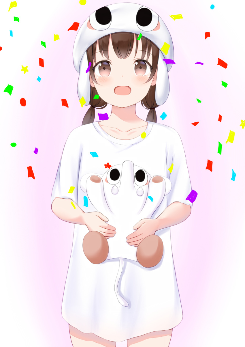 1girl :d blush brown_eyes brown_hair confetti hat highres holding kake_kan looking_at_viewer low_twintails naked_shirt open_mouth original pawoo pawoo-chan pink_background shirt short_sleeves smile solo stuffed_elephant twintails white_headwear white_shirt