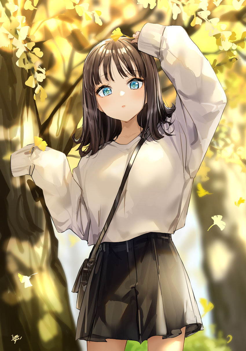 1girl absurdres arm_up bag bangs beige_sweater between_breasts black_bag blue_eyes blurry blurry_background blush breasts brown_hair clothes_tucked_in collarbone commentary_request copyright_request cowboy_shot depth_of_field ginkgo hand_up highres holding holding_leaf leaf looking_at_viewer medium_hair outdoors oversized_clothes shoulder_bag signature skirt sleeves_past_fingers sleeves_past_wrists solo strap_between_breasts sweater sweater_tucked_in takenoko_no_you tree