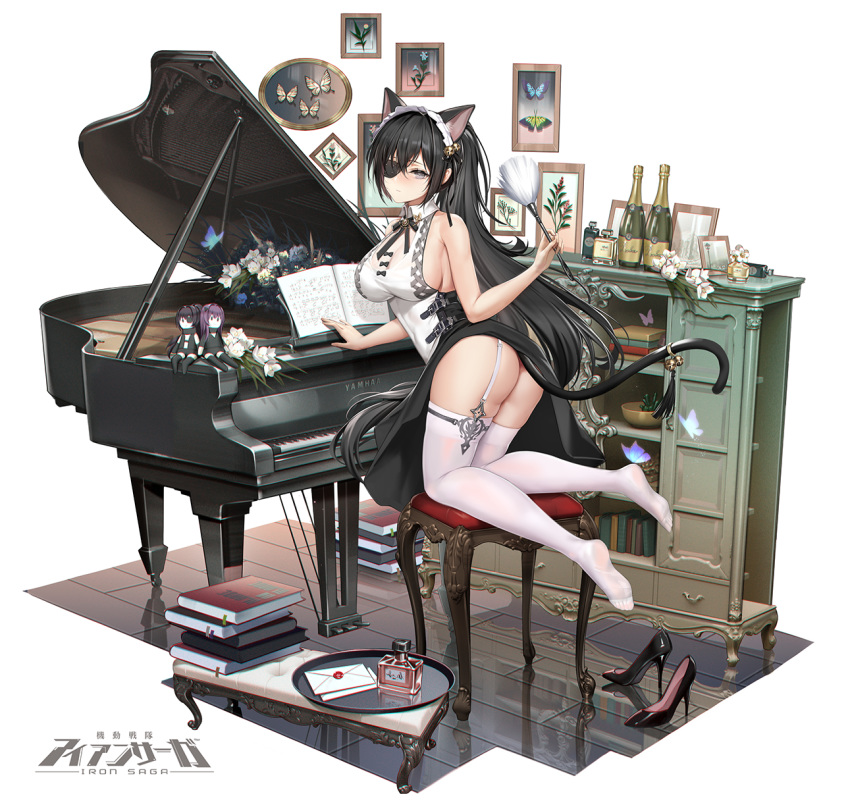 1girl animal_ears ass bare_arms bare_shoulders black_eyes black_hair blush book bottle breasts cat_ears cat_girl cat_tail champagne_bottle character_request commentary_request doll eyepatch flower garter_straps high_heels highres instrument iron_saga kneeling large_breasts letter looking_at_viewer official_art piano picture_frame skindentation soles tail thigh-highs white_legwear zjsstc