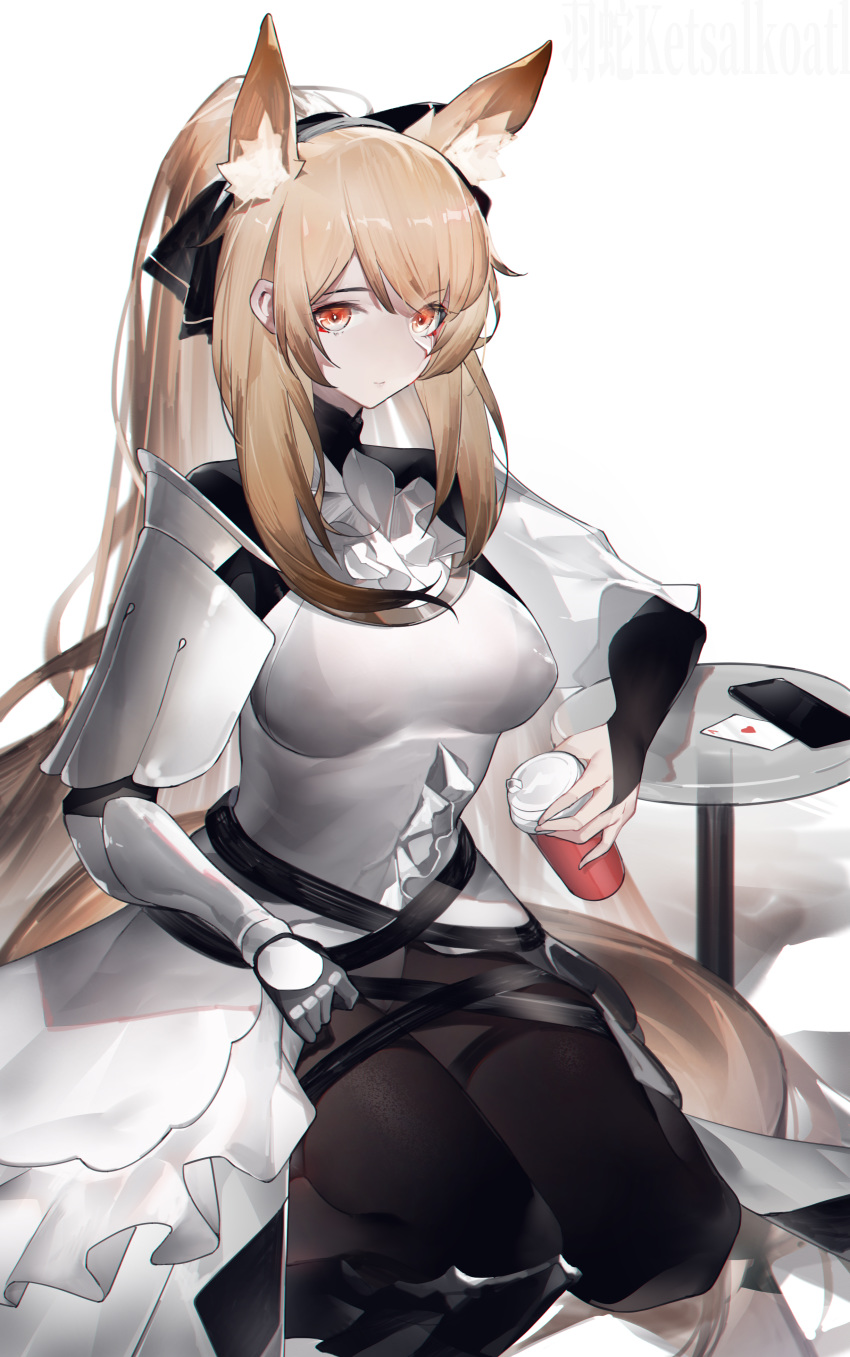 1girl absurdres ace_of_hearts animal_ear_fluff animal_ears arknights armor black_legwear black_ribbon blemishine_(arknights) blonde_hair breasts bridal_gauntlets card cellphone commentary_request cup hair_ribbon highres holding holding_cup long_hair medium_breasts orange_eyes pantyhose partial_commentary phone ribbon smartphone solo thighs vambraces yushi_ketsalkoatl