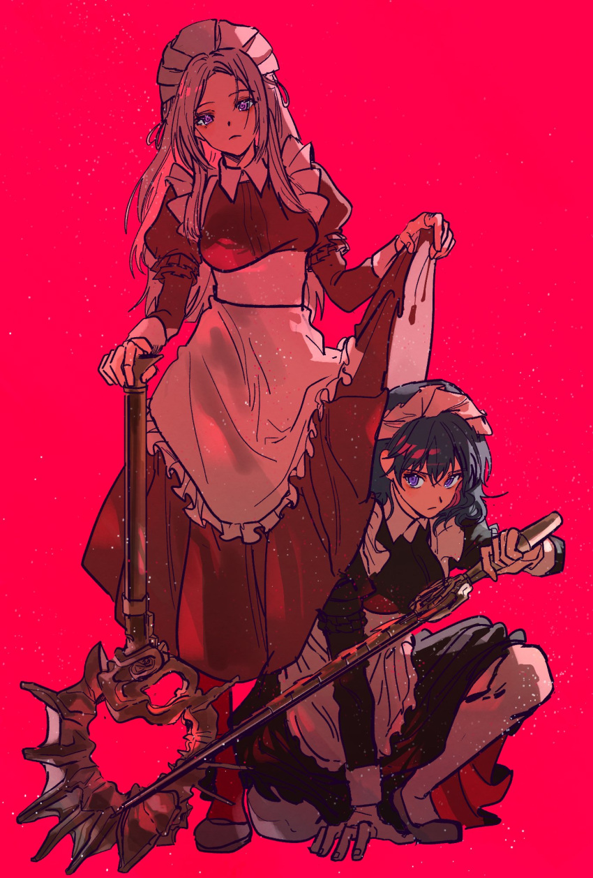 2girls alternate_costume apron axe aymr_(weapon) blue_eyes blue_hair breasts byleth_(fire_emblem) byleth_eisner_(female) edelgard_von_hresvelg enmaided fire_emblem fire_emblem:_three_houses frilled_apron frills hair_between_eyes highres holding holding_axe holding_sword holding_weapon light_particles maid maid_apron maid_dress maid_headdress medium_breasts multiple_girls red_legwear sanya_(artist) serious skirt skirt_lift sword sword_of_the_creator thigh-highs under_skirt violet_eyes waist_apron weapon white_apron white_legwear