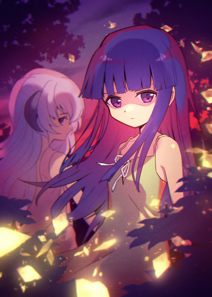 2girls abiko_yuuji bangs bare_shoulders blue_hair closed_mouth dress frown furude_rika hanyuu highres higurashi_no_naku_koro_ni horns long_hair looking_at_viewer multiple_girls purple_hair ribbon sidelocks straight_hair violet_eyes white_ribbon yellow_dress