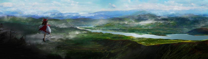 1girl black_hair blue_sky bow clouds day detached_sleeves frilled_bow frilled_skirt frills gensoukyou gohei grass hair_bow hakurei_reimu haru_akira hill japanese_clothes lake landscape medium_hair miko mountain mountainous_horizon nature nontraditional_miko original outdoors red_skirt ribbon ribbon-trimmed_sleeves ribbon_trim scenery skirt sky solo touhou wallpaper water wide_shot wide_sleeves widescreen