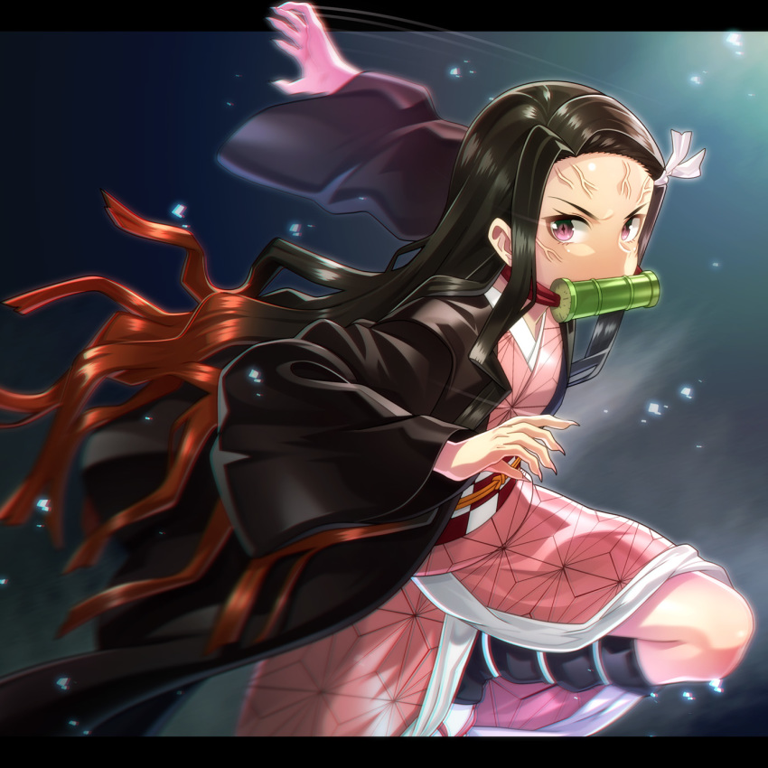 1girl bamboo bit_gag black_hair brown_hair checkered commentary_request gag gradient_hair highres is_ii japanese_clothes kamado_nezuko kimetsu_no_yaiba kimono letterboxed long_hair long_sleeves looking_at_viewer mouth_hold multicolored_hair obi open_clothes pink_kimono sash solo standing standing_on_one_leg veins very_long_hair violet_eyes wide_sleeves