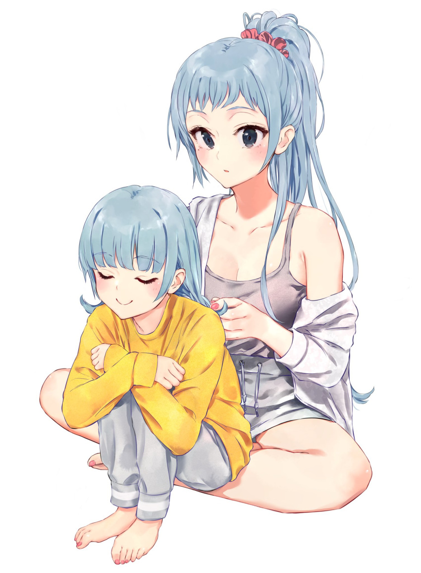 2girls bangs black_eyes blue_hair braiding_hair closed_eyes hairdressing highres holding holding_hair kawasaki_keika kawasaki_saki long_hair long_sleeves multiple_girls nail_polish pink_scrunchie ponkan_8 ponytail scrunchie shorts siblings sisters sitting sitting_on_lap sitting_on_person smile wariza white_background yahari_ore_no_seishun_lovecome_wa_machigatteiru.