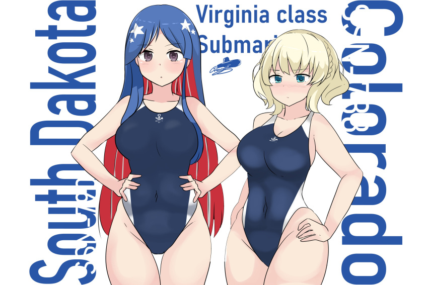 2girls absurdres blonde_hair blue_eyes blue_hair breasts character_name colorado_(kantai_collection) competition_swimsuit green_eyes highleg highleg_swimsuit highres kantai_collection large_breasts long_hair multicolored_hair multiple_girls noruren one-piece_swimsuit redhead short_hair side_braids south_dakota_(kantai_collection) star_(symbol) swimsuit violet_eyes white_background white_hair