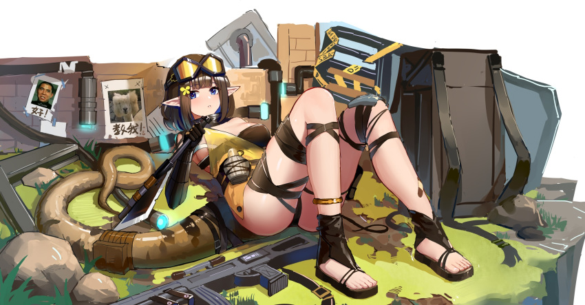 1girl arknights bangs bare_shoulders bikini black_bikini black_footwear black_gloves blue_eyes breasts brick_wall brown_hair butterfly_hair_ornament elbow_gloves eunectes_(arknights) eyebrows_visible_through_hair gloves goggles goggles_on_head gun hair_ornament highres holding holding_weapon knees_up long_tail looking_at_viewer lying medium_breasts on_back parted_lips pointy_ears poster_(object) sandals snake_tail solo swimsuit tail wangqi weapon weapon_request white_background
