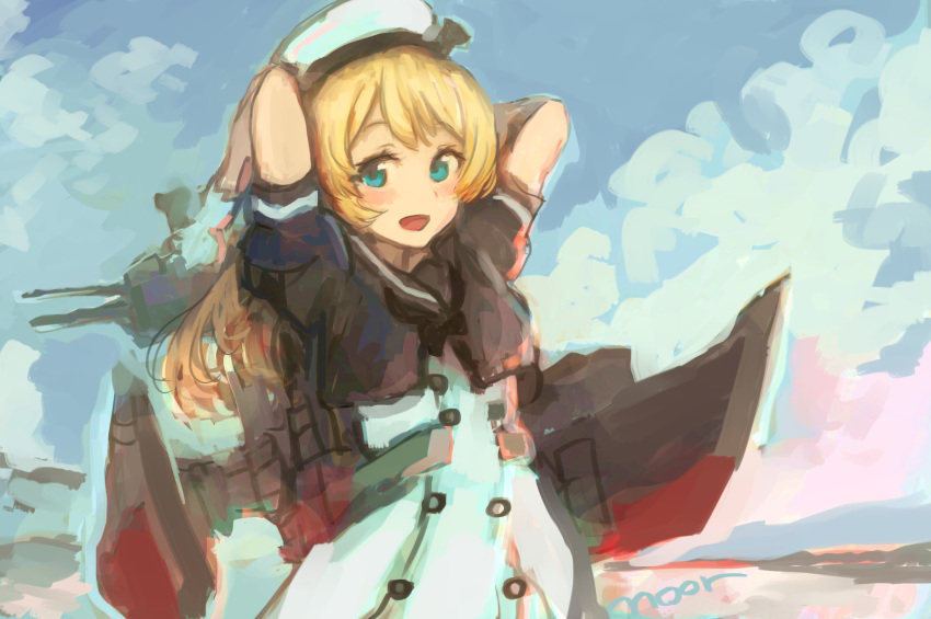 1girl arms_up bangs beret black_neckwear blonde_hair blue_eyes blush clouds dress hat highres jervis_(kantai_collection) kantai_collection long_hair moor open_mouth sailor_collar short_sleeves signature sky solo upper_body white_dress white_headwear