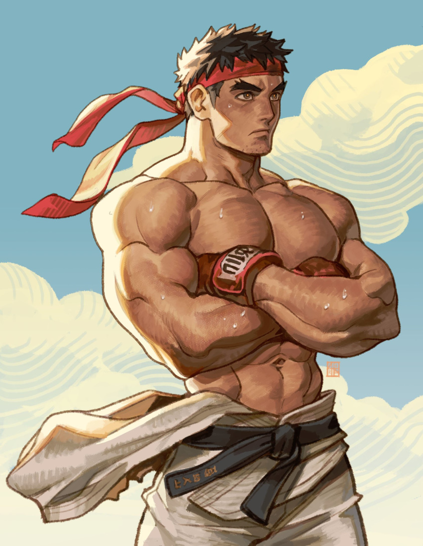 1boy abs alejandro_tio bara bare_chest black_hair boxing_gloves chest clouds cloudy_sky cowboy_shot crossed_arms hadouken headband highres male_focus muscle navel ryuu_(street_fighter) shirtless short_hair shouryuuken sky solo street_fighter street_fighter_ii_(series) sweat uppercut yellow_eyes