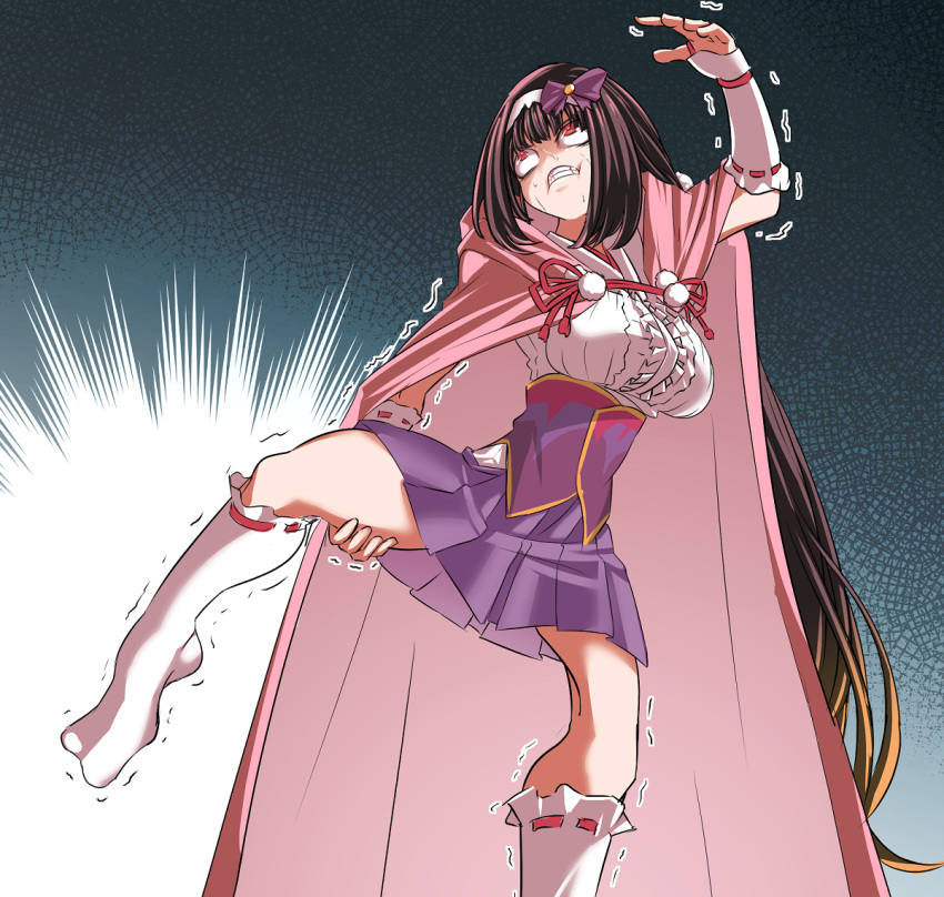 1girl arm_up bangs bow breasts bright_pupils brown_hair bulging_eyes center_frills clenched_teeth cloak commentary_request detached_sleeves eyebrows_visible_through_hair failure fate/grand_order fate_(series) frills gradient_hair hairband hood hood_down hooded_cloak kneehighs large_breasts leg_up long_hair looking_up multicolored_hair no_nose no_shoes open_hand osakabe-hime_(fate/grand_order) parody pink_cloak pleated_skirt pom_pom_(clothes) purple_bow purple_skirt red_eyes ribbon-trimmed_sleeves ribbon_trim shaded_face skirt solo stretch struggling sweat teeth thigh_grab trembling very_long_hair white_legwear white_pupils white_sleeves yakuoyoso
