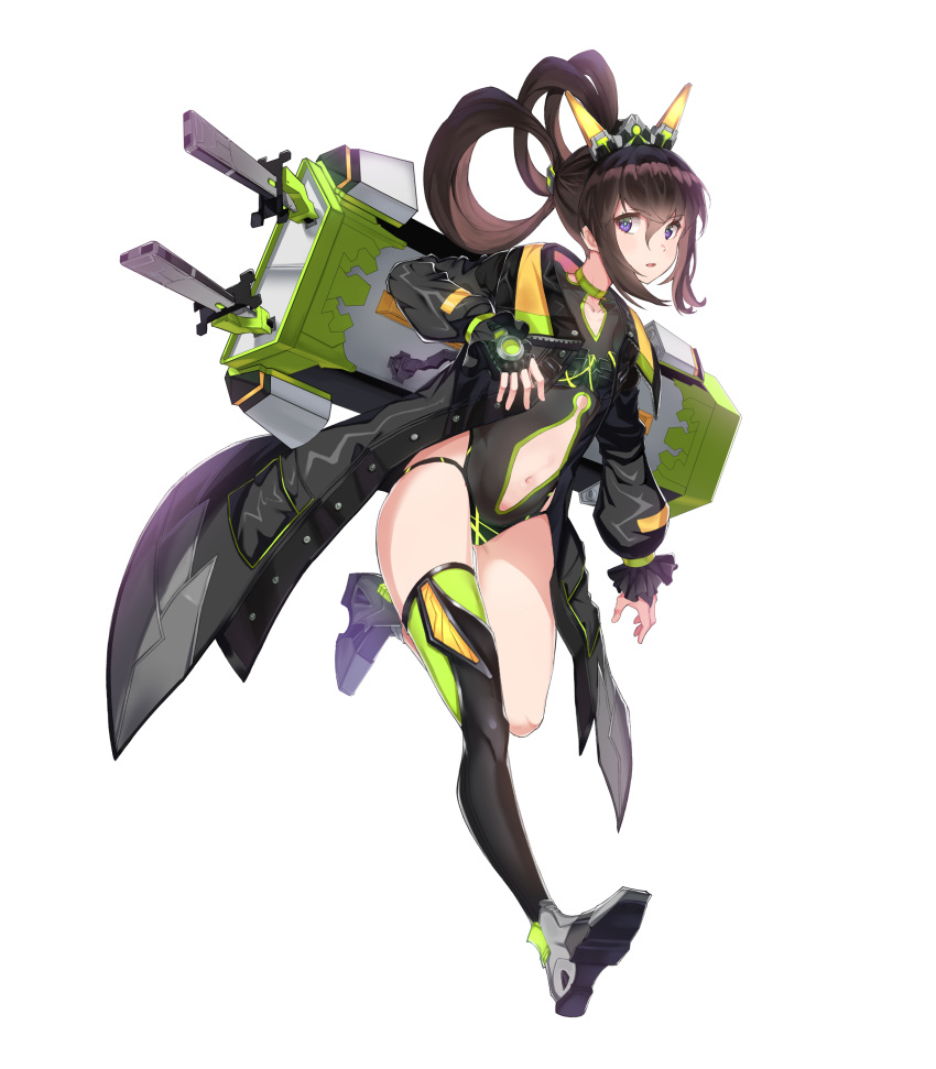 1girl absurdres black_coat black_gloves brown_hair choker cleavage_cutout clothing_cutout coat collarbone fingerless_gloves frills gloves glowing green_choker green_legwear hair_between_eyes highres long_hair mecha_musume navel navel_cutout ohihil open_clothes open_coat original parted_lips sheath sheathed simple_background solo sword thigh-highs violet_eyes weapon