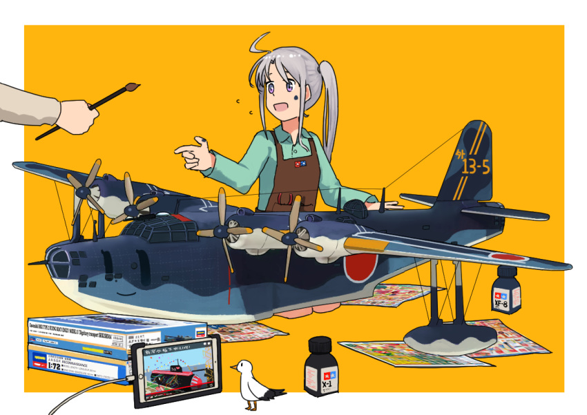 1girl ahoge aircraft airplane akitsushima_(kantai_collection) alternate_color apron bird border brown_apron collared_shirt commentary dress_shirt flying_boat green_shirt h8k holding kantai_collection long_hair long_sleeves model_airplane model_kit newspaper nishikitaitei-chan open_mouth orange_background outside_border paintbrush seagull seaplane shirt side_ponytail sidelocks silver_hair simple_background tablet_pc taigei_(jmsdf) tamiya_incorporated timmyyen violet_eyes white_border