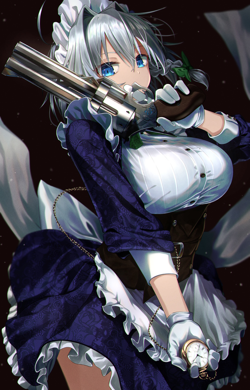 alternate_costume apron black_background blue_dress blue_eyes bow braid breasts colored_eyelashes covered_mouth cowboy_shot dress gloves green_bow greenkohgen gun hair_between_eyes hair_bow hair_intakes handgun highres holding holding_weapon izayoi_sakuya large_breasts long_sleeves looking_at_viewer maid maid_apron maid_headdress medium_hair pocket_watch silver_hair touhou trigger_discipline twin_braids watch weapon white_gloves