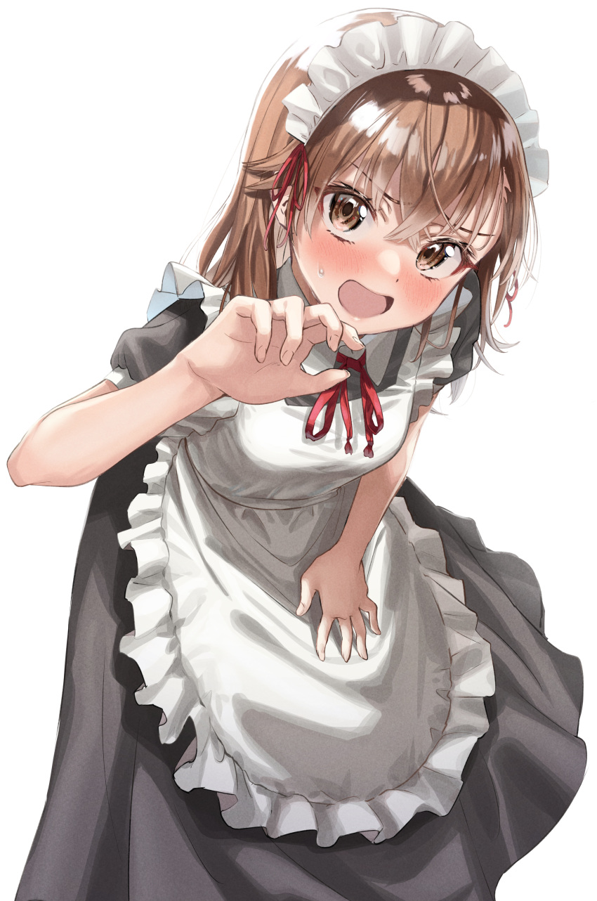 1girl absurdres alternate_costume apron black_dress brown_eyes brown_hair commentary_request dress embarrassed enmaided frilled_apron frills highres leaning_forward looking_at_viewer maid maid_headdress misaka_mikoto open_mouth short_hair simple_background solo standing taiga_(ryukyu-6102-8) to_aru_kagaku_no_railgun to_aru_majutsu_no_index white_apron white_background