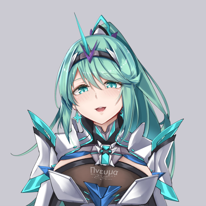 1girl bangs breasts chest_jewel earrings green_eyes green_hair grey_background highres jewelry large_breasts long_hair long_ponytail open_mouth pneuma_(xenoblade) ponytail sarasadou_dan simple_background smile solo swept_bangs tiara upper_body xenoblade_chronicles_(series) xenoblade_chronicles_2