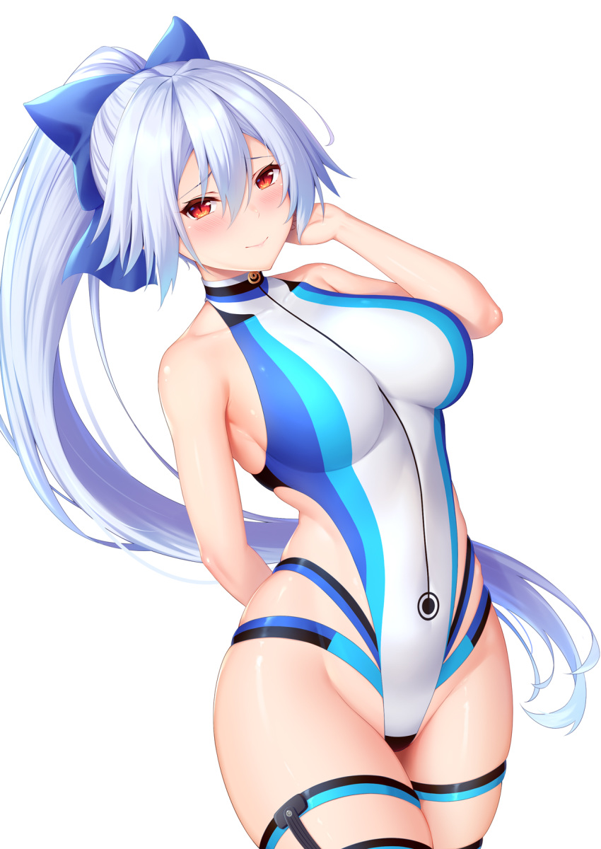 1girl arm_behind_back bare_shoulders blue_bow blush bow breasts closed_mouth competition_swimsuit cowboy_shot fate/grand_order fate_(series) groin hair_bow hand_up highleg highleg_swimsuit highres impossible_clothes impossible_swimsuit large_breasts long_hair looking_at_viewer one-piece_swimsuit ponytail red_eyes silver_hair simple_background skindentation smile solo swimsuit thigh_strap thighs tomoe_gozen_(fate/grand_order) tomoe_gozen_(swimsuit_saber)_(fate) very_long_hair white_background zuizhong