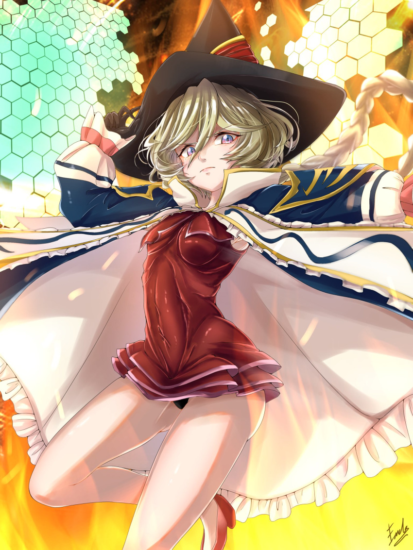 1girl black_panties blonde_hair blue_eyes braid braided_ponytail breasts capelet carol_malus_dienheim covered_navel dress fire gloves hat highres impossible_clothes impossible_dress long_hair looking_at_viewer mh_endoblade mole mole_under_eye panties pantyshot senki_zesshou_symphogear shiny shiny_hair shiny_skin short_dress solo standing underwear witch_hat