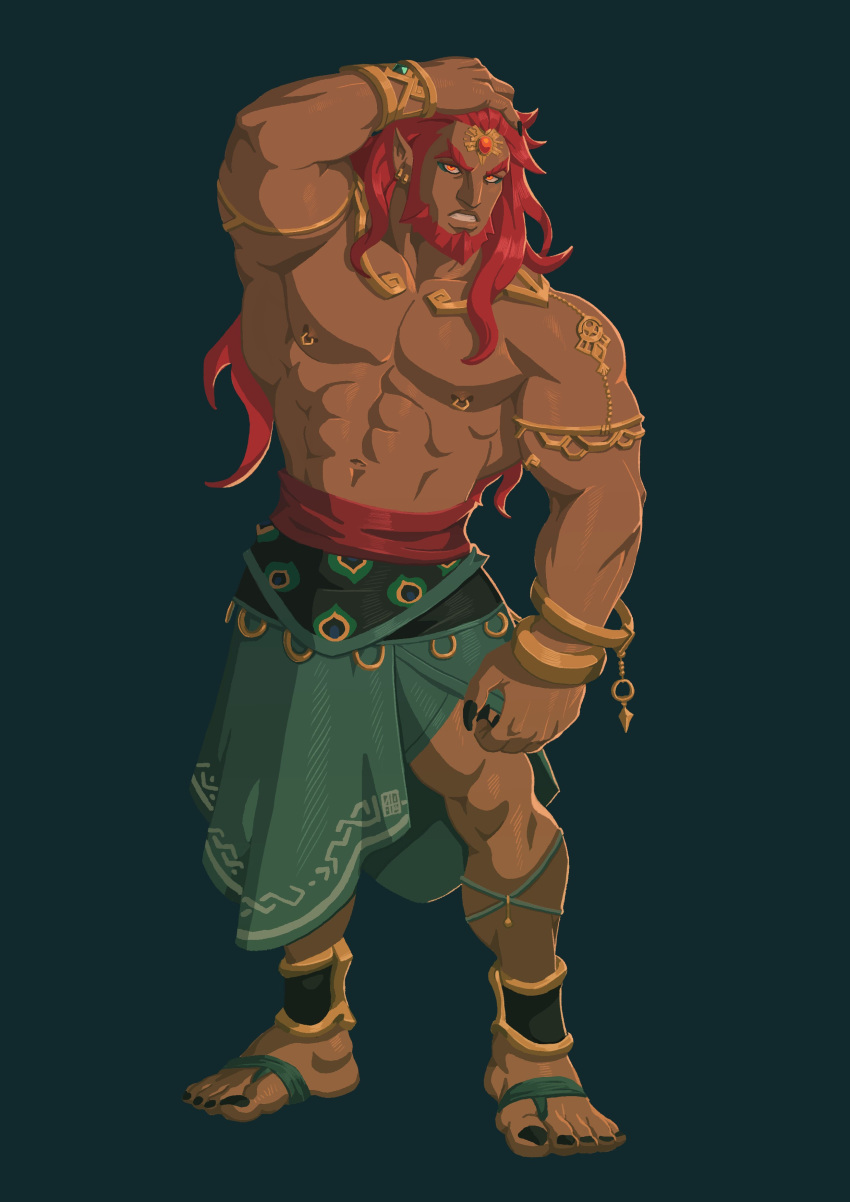 1boy abs absurdres alejandro_tio arm_up armband bara bare_chest beard black_nails bracelet bulge chest dark_skin dark_skinned_male facial_hair forehead_jewel full_body ganondorf hand_on_own_head highres jewelry male_focus manly muscle navel nipple_piercing nipples piercing pointy_ears red_eyes redhead sandals shirtless short_hair skirt solo the_legend_of_zelda thick_thighs thighs