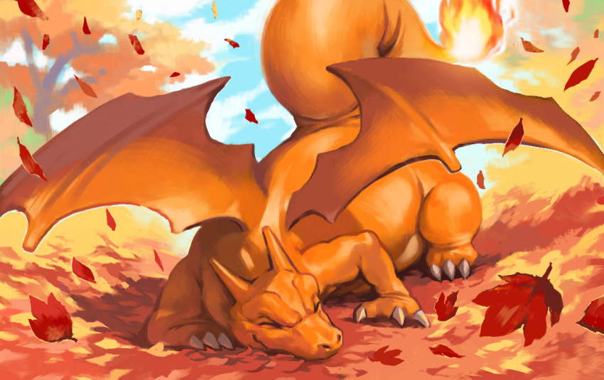 blue_sky charizard closed_eyes closed_mouth day gen_1_pokemon leaf lying making-of_available maple_leaf nishimawari_kouro no_humans on_stomach outdoors pokemon pokemon_(creature) sky smile solo